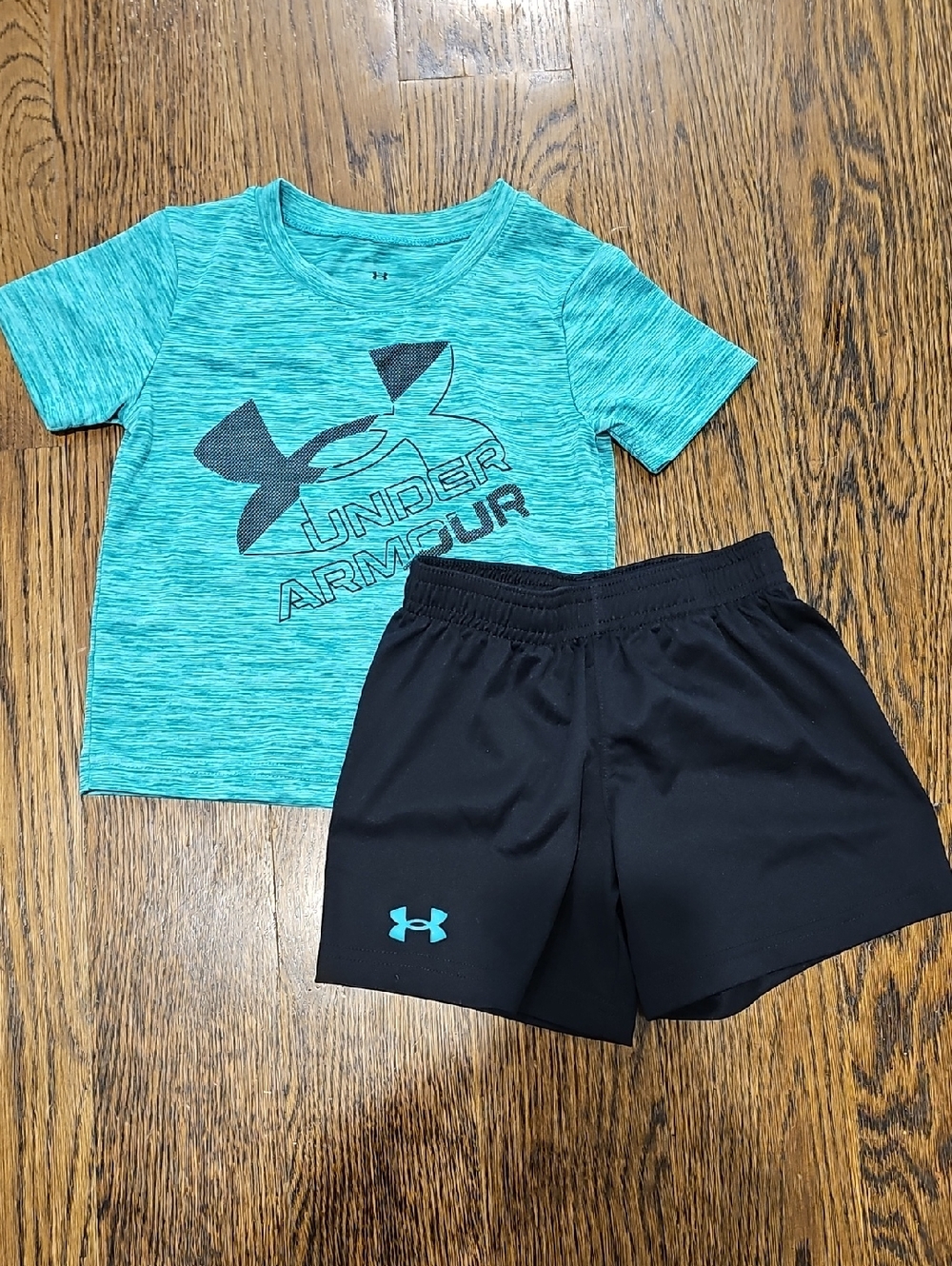 Under Armour Teal Heather Tee with Black Athletic Shorts
